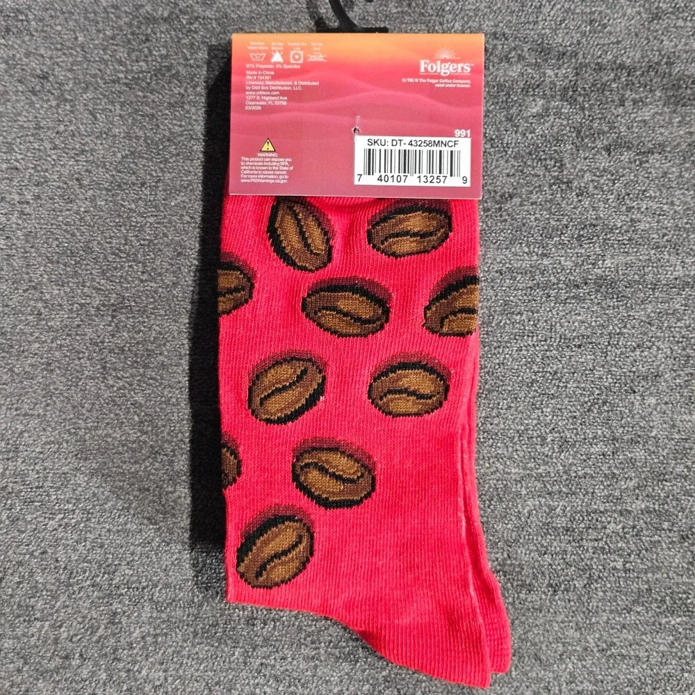 Folgers Coffee Bean Red Crew Socks Mens Size 6-12 Novelty Graphic